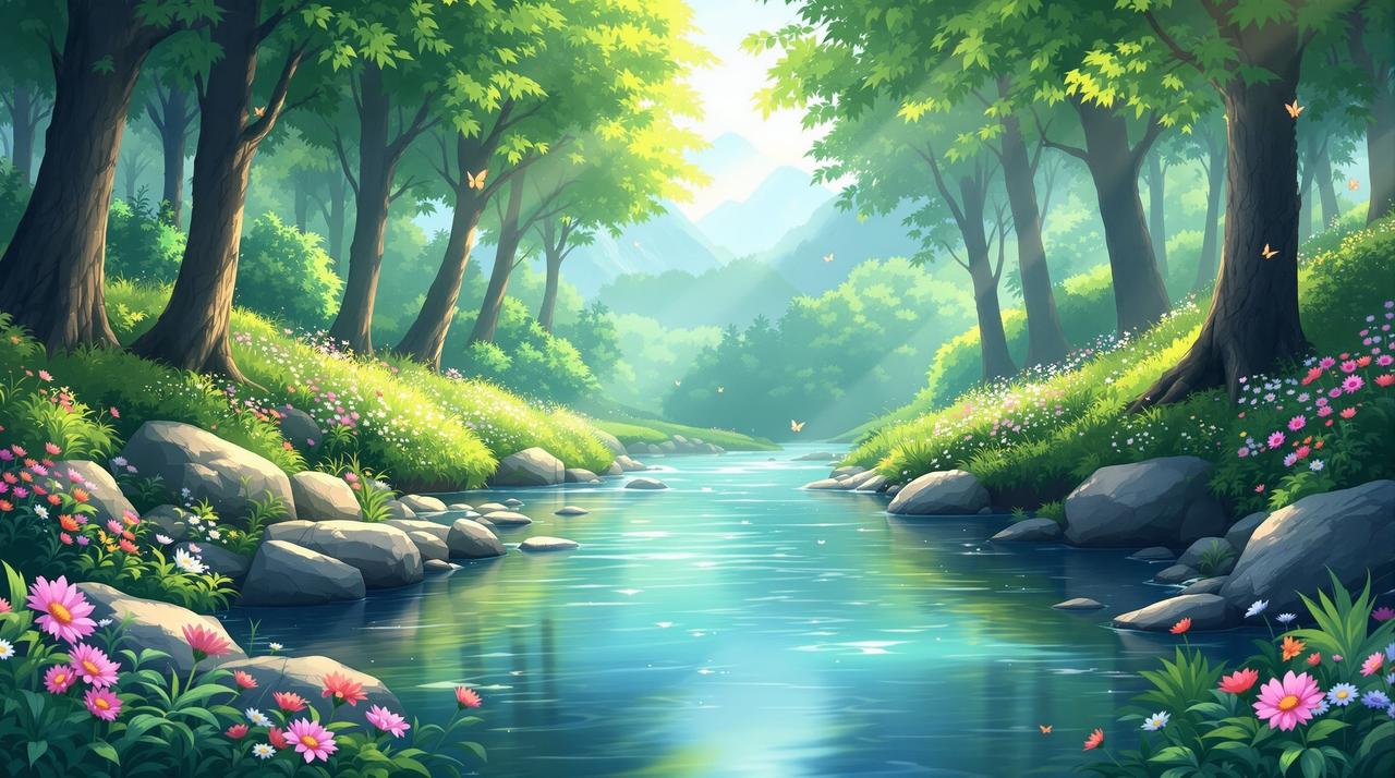 漫剧短剧治愈剧场自然风光背景 漫剧短剧 - 清澈甘甜的治愈剧场,山间清泉流淌在绿意盎然的森林中,晨光洒落,温暖治愈